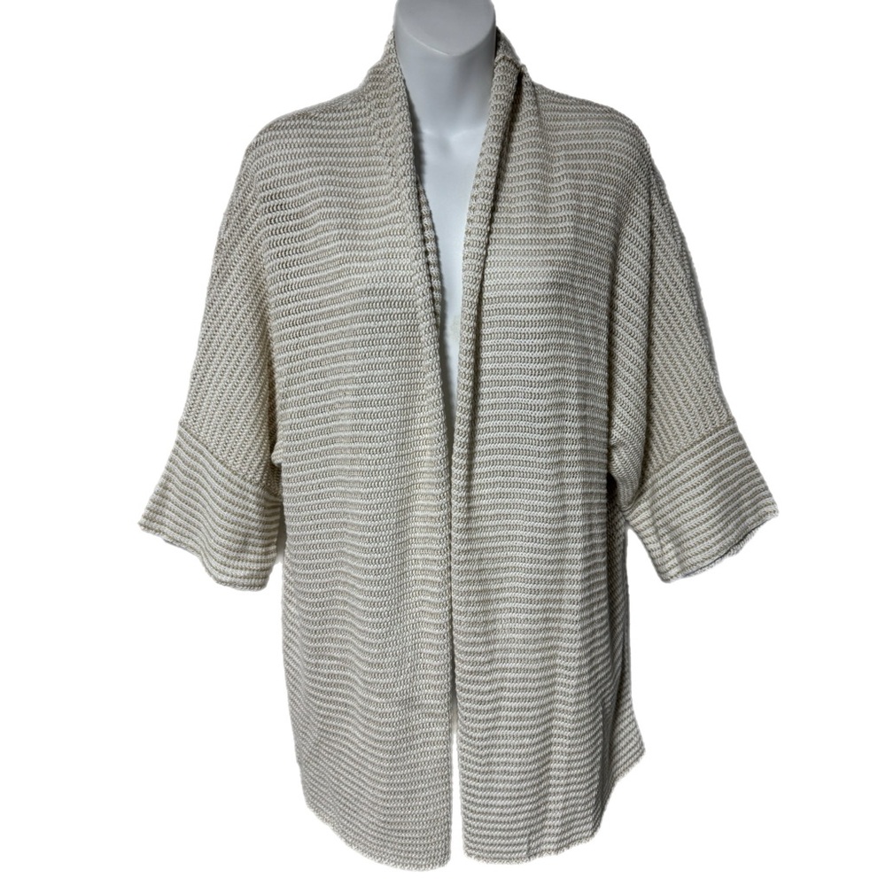 Belford White Metallic Gold Loose Knit Open Front Cardigan Sweater M Longline